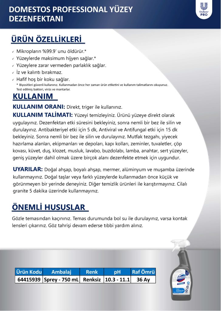 Domestos Professional Yüzey Dezenfektanı 750 Ml U Pro